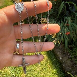 Catholic Rosary Silver Tone Unique Crucifix Miraculous Medal Sword Cross Long.